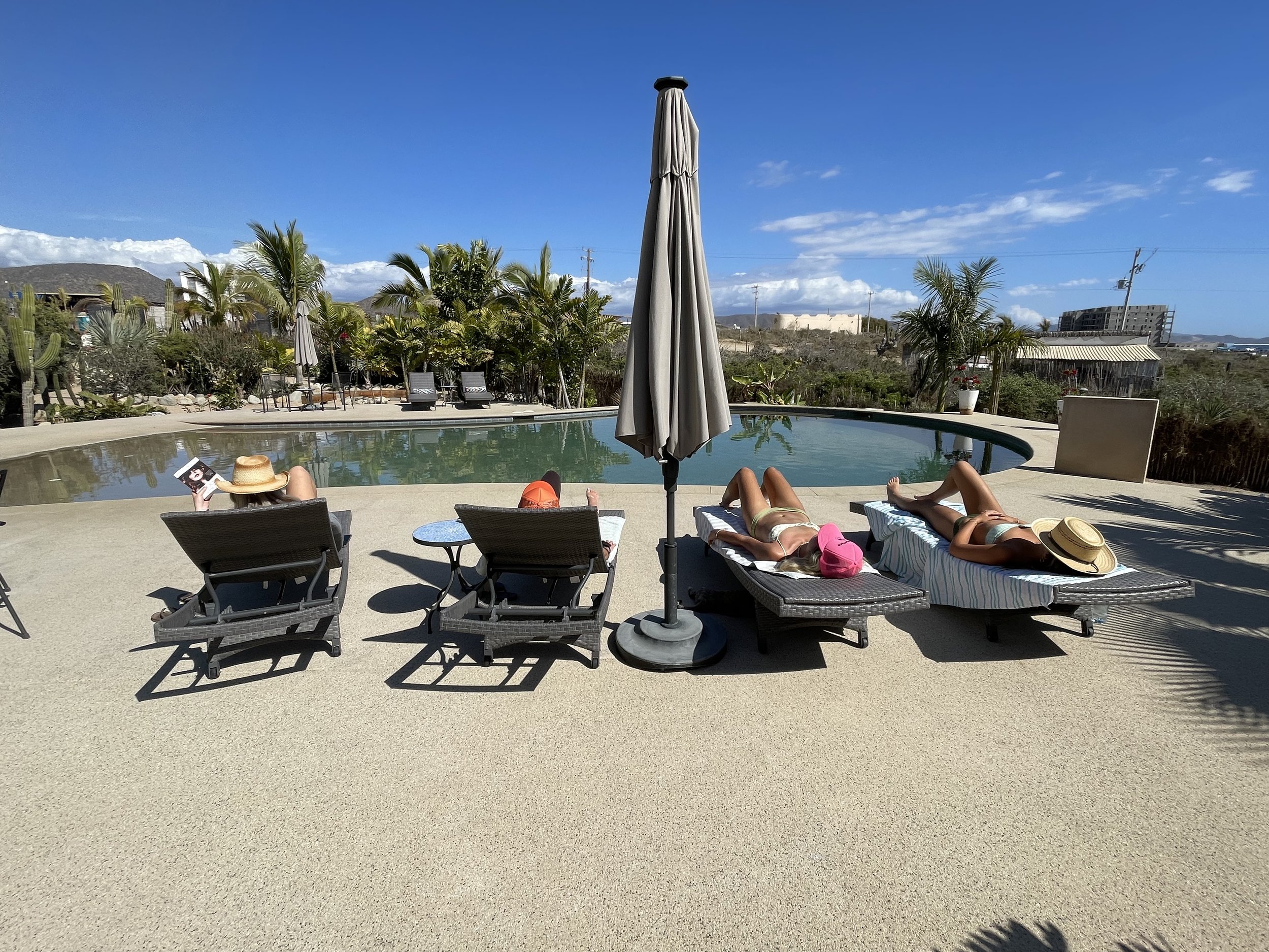 People relaxing by a swimming pool in a sunny outdoor area, with lounge chairs, umbrellas, lush plants, and a clear blue sky.