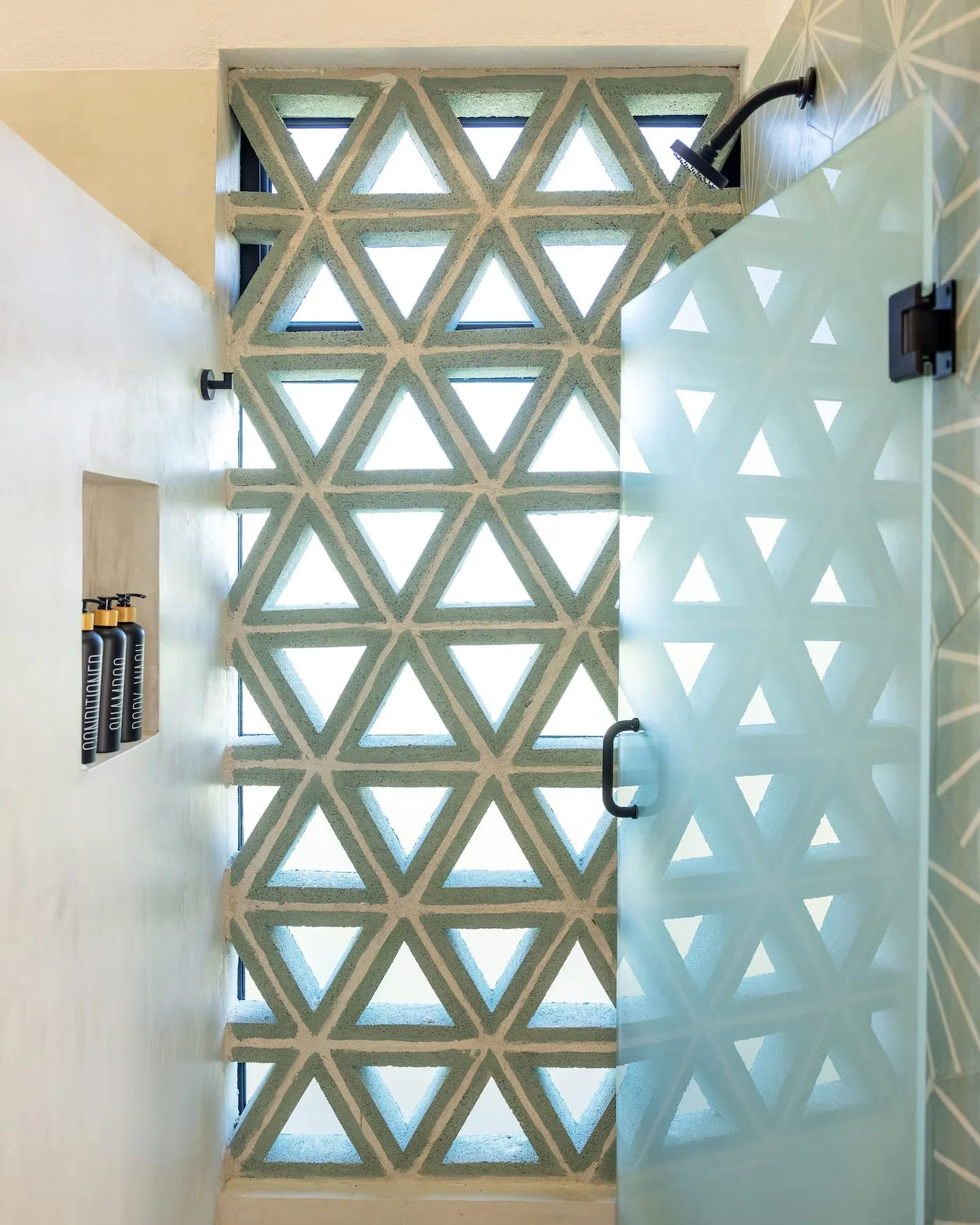 Shower area with a patterned wall made of concrete blocks with triangular cutouts, a showerhead, and a partial glass door.