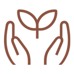 Outline of two hands holding a small plant with two leaves against a muted green background.