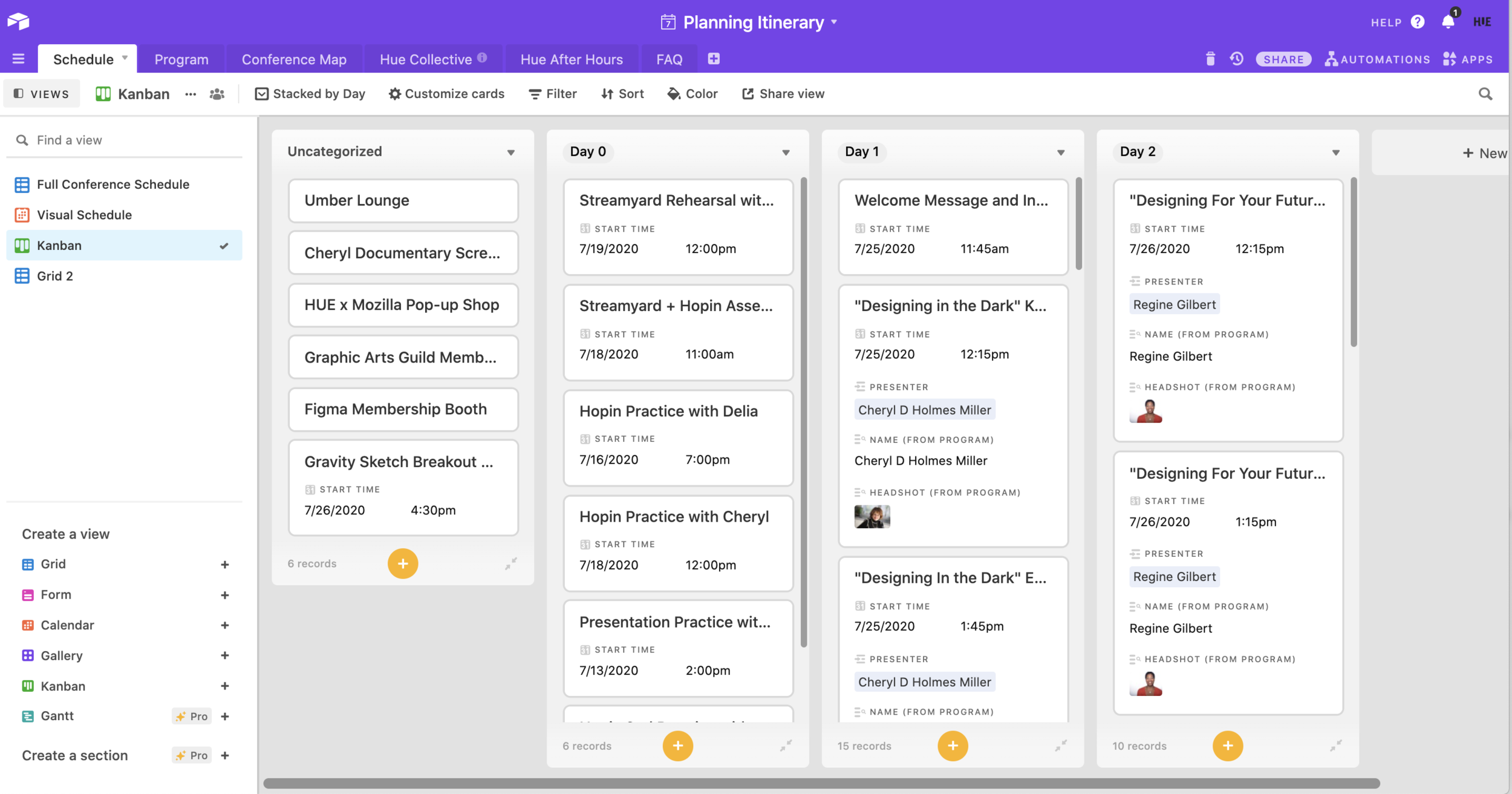 Day-of-event planning in Airtable for Hue Design Summit 2020 virtual experience on Hopin.com.