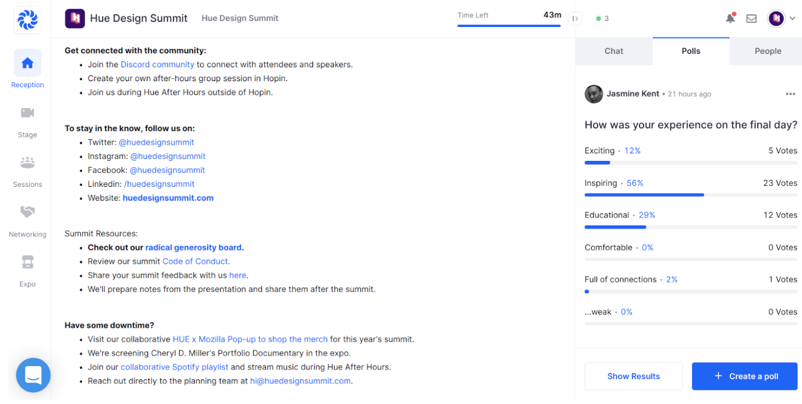 Registration and lobby area content creation and design for the virtual Hue Design Summit 2020 experience on Hopin.com.