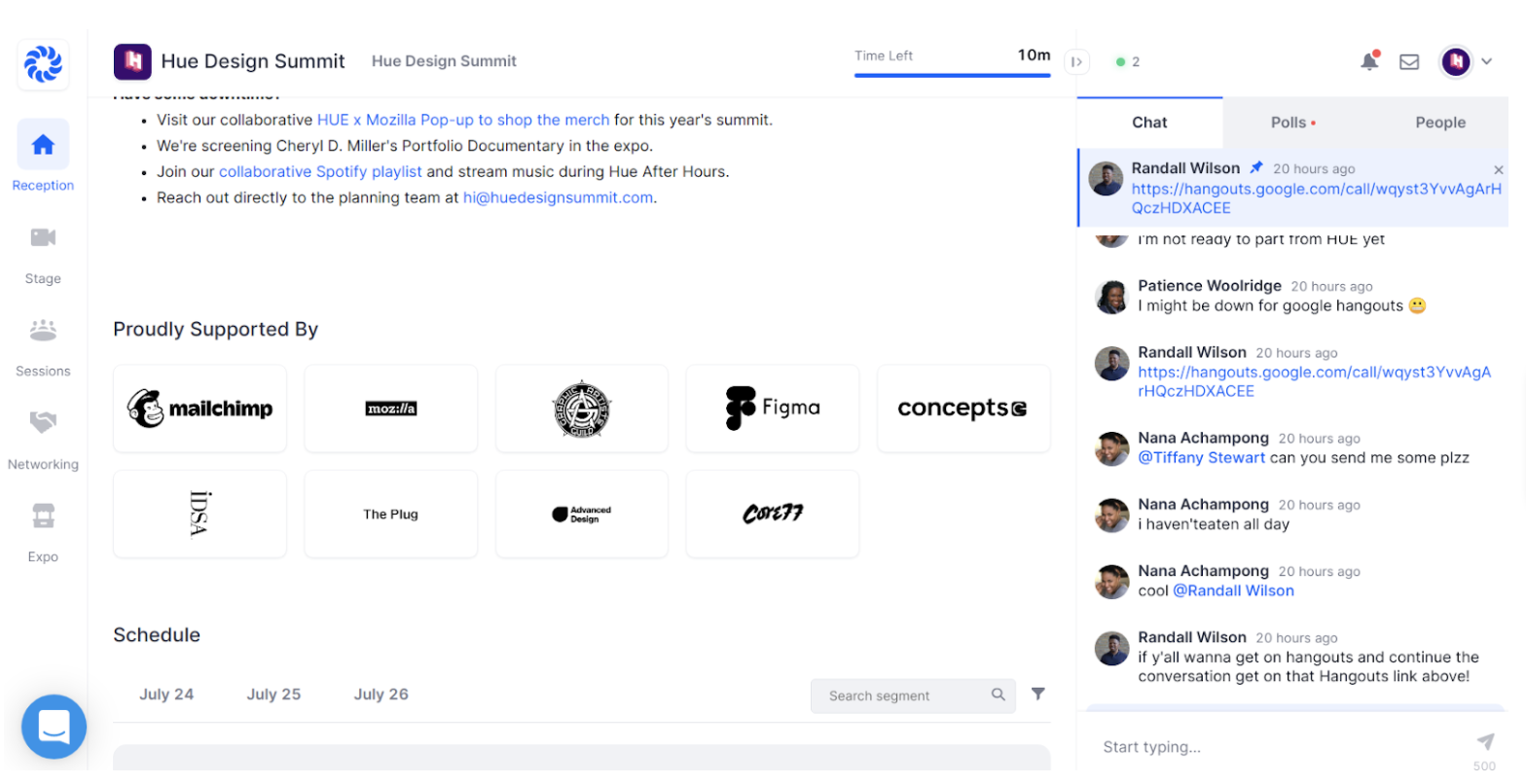 Welcome page content creation and design for the virtual Hue Design Summit experience on Hopin.com.