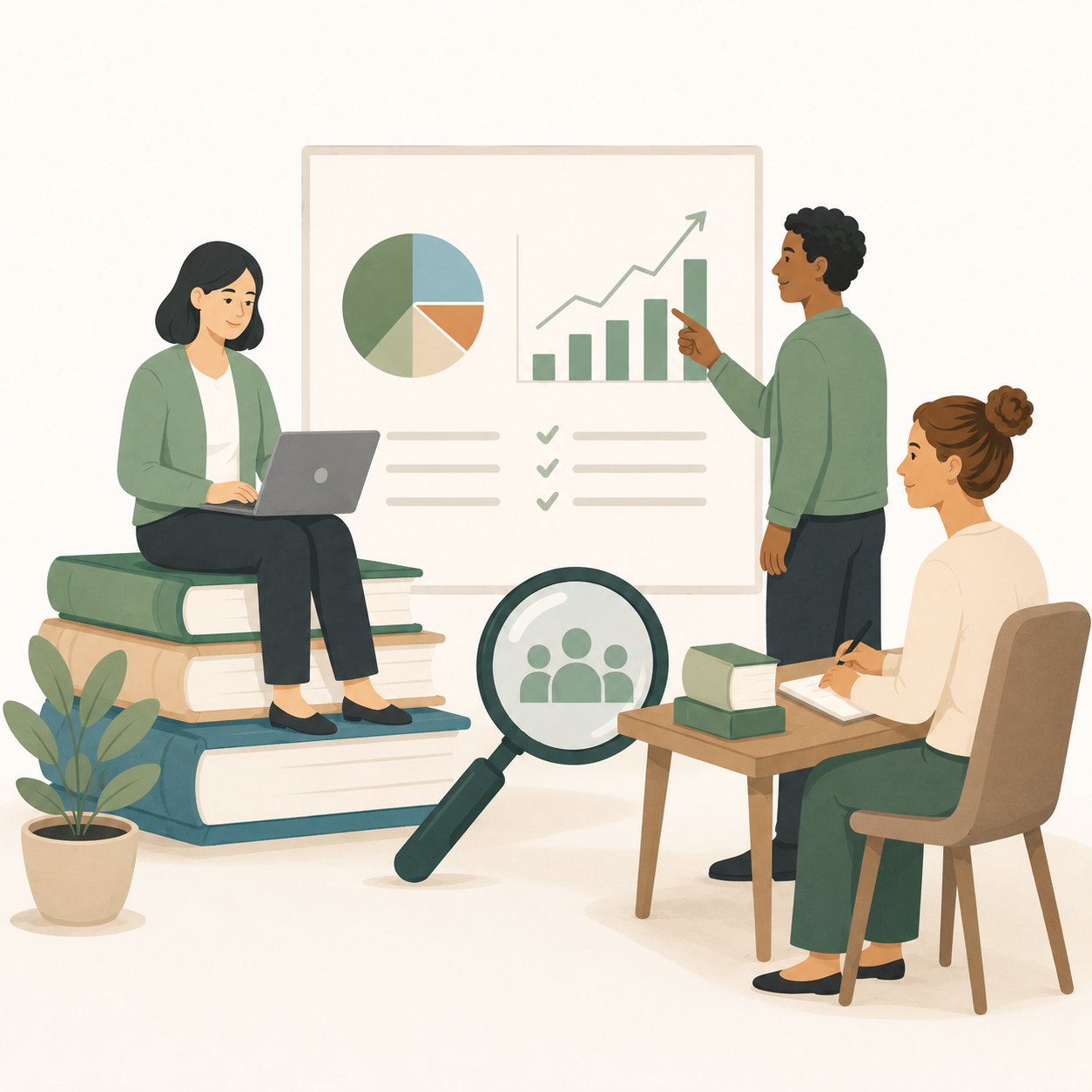 Illustration showing diverse researchers reviewing evidence and collaborating around trauma treatment research findings, representing the scientific foundation and clinical validation of EMDR therapy.