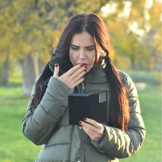 A person with a shocked expression looks at her phone
