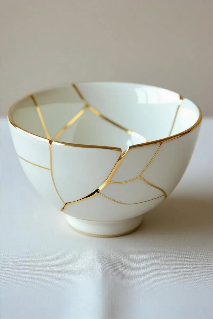 teacup repaired with gold solder in the style of kintsugi
