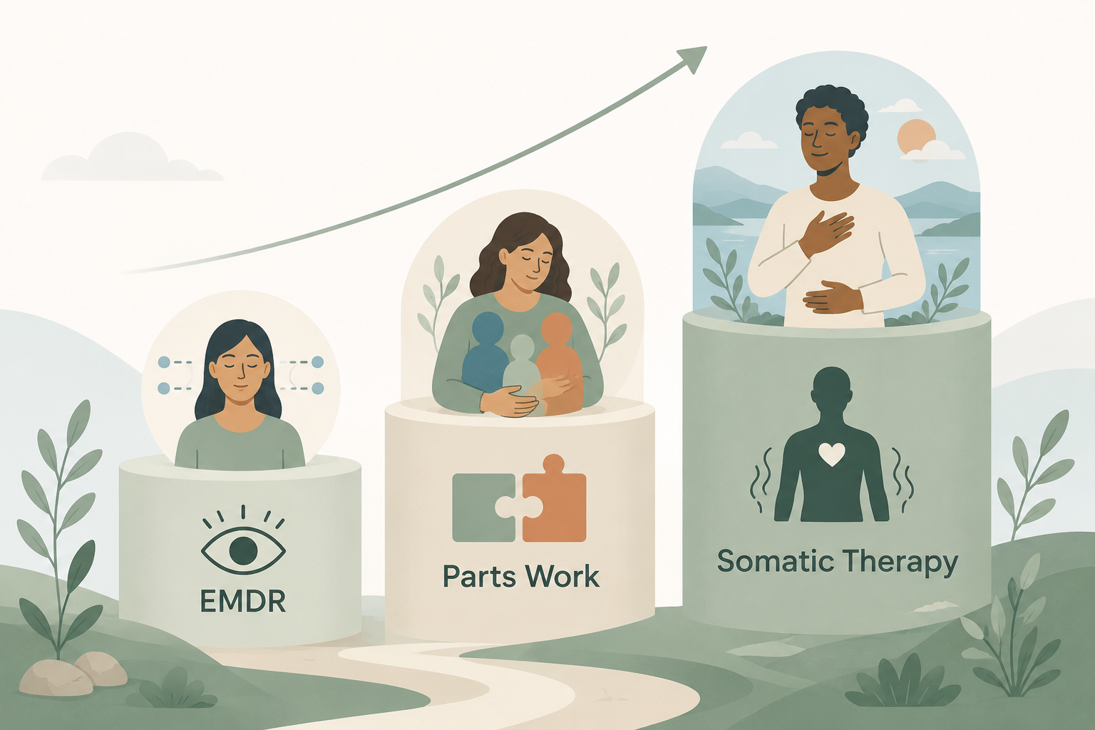 Illustration showing a therapeutic progression from EMDR to Parts Work to Somatic Therapy, with each approach represented as a larger step in a healing journey.