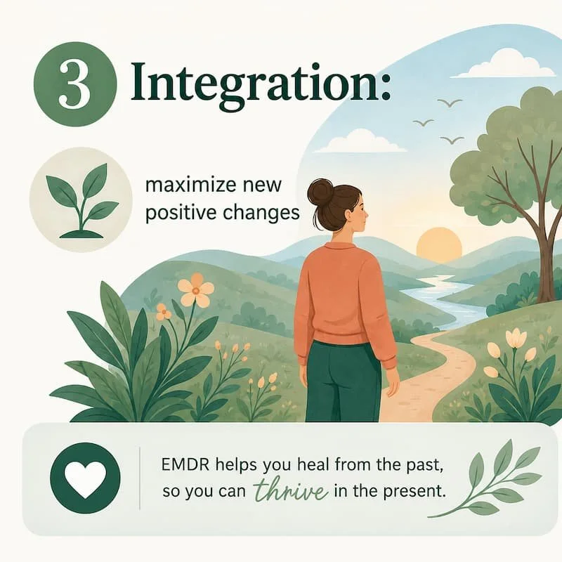 infographic outlining the third phase of EMDR which is called integration and focuses on maximizing positive change