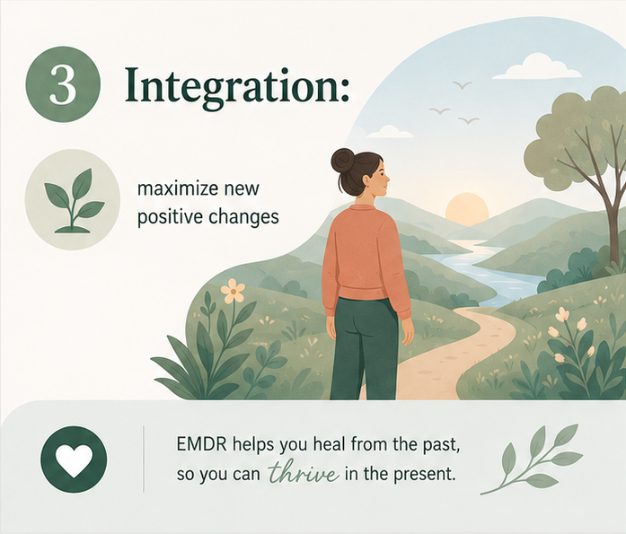 This infographic outlines the three phases of EMDR therapy—Preparation, Processing, and Integration