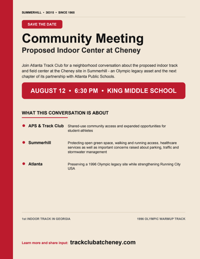 Atlanta Track Club - Community Meeting re: Proposed Facility at Cheney