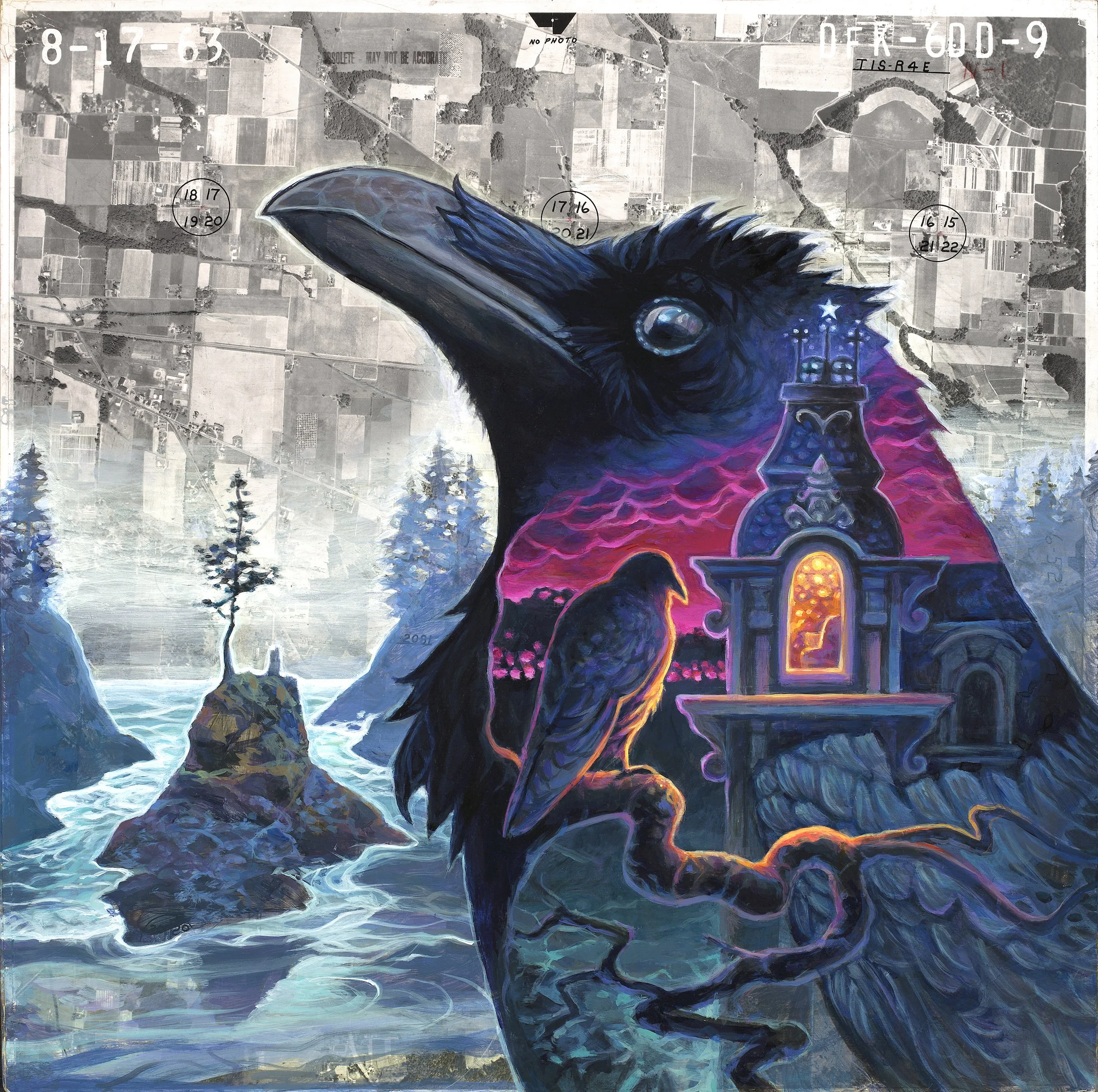 "Cove" Raven Painting on 1963 Aerial Survey Giclée Print