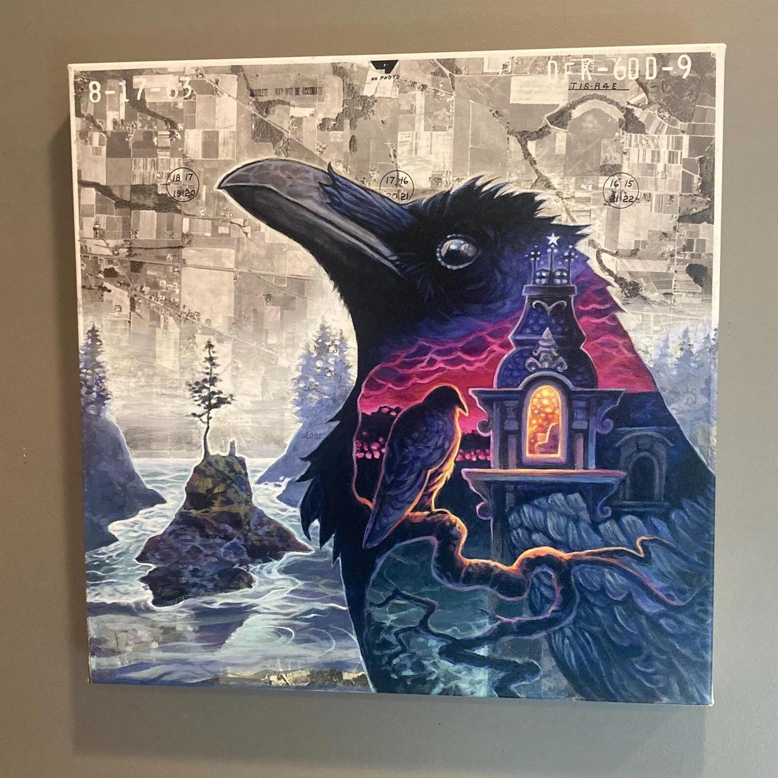 "Cove" 20" x 20" Coastal PNW Raven on Land Survey Canvas Print