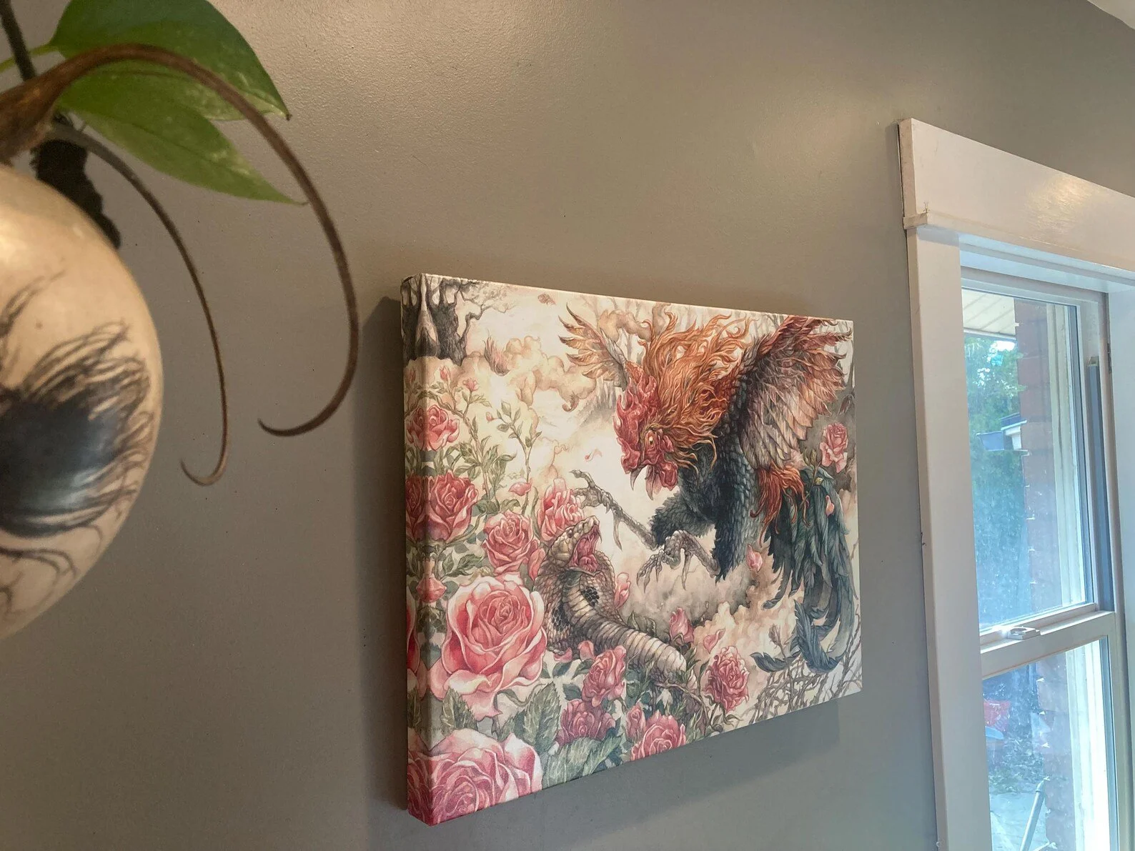 "Cock & Cobra" 18" x 24" Rooster w/ Roses Canvas Print