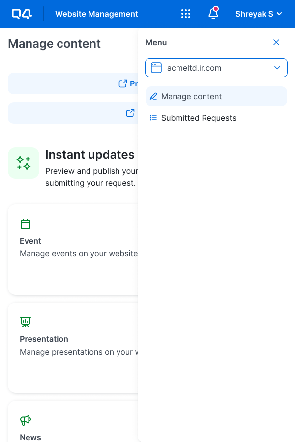Website switcher dropdown on tablet