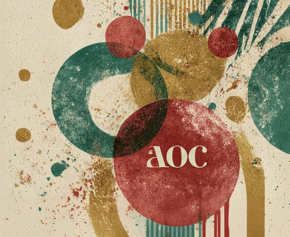 Festive image of abstract holiday ornaments in red , green and gold on a light craft background