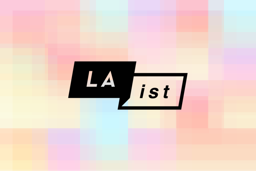 The image displays a logo with the text 'LA' inside a black speech bubble and 'ist' inside a white outlined speech bubble, against a colorful pixelated background.