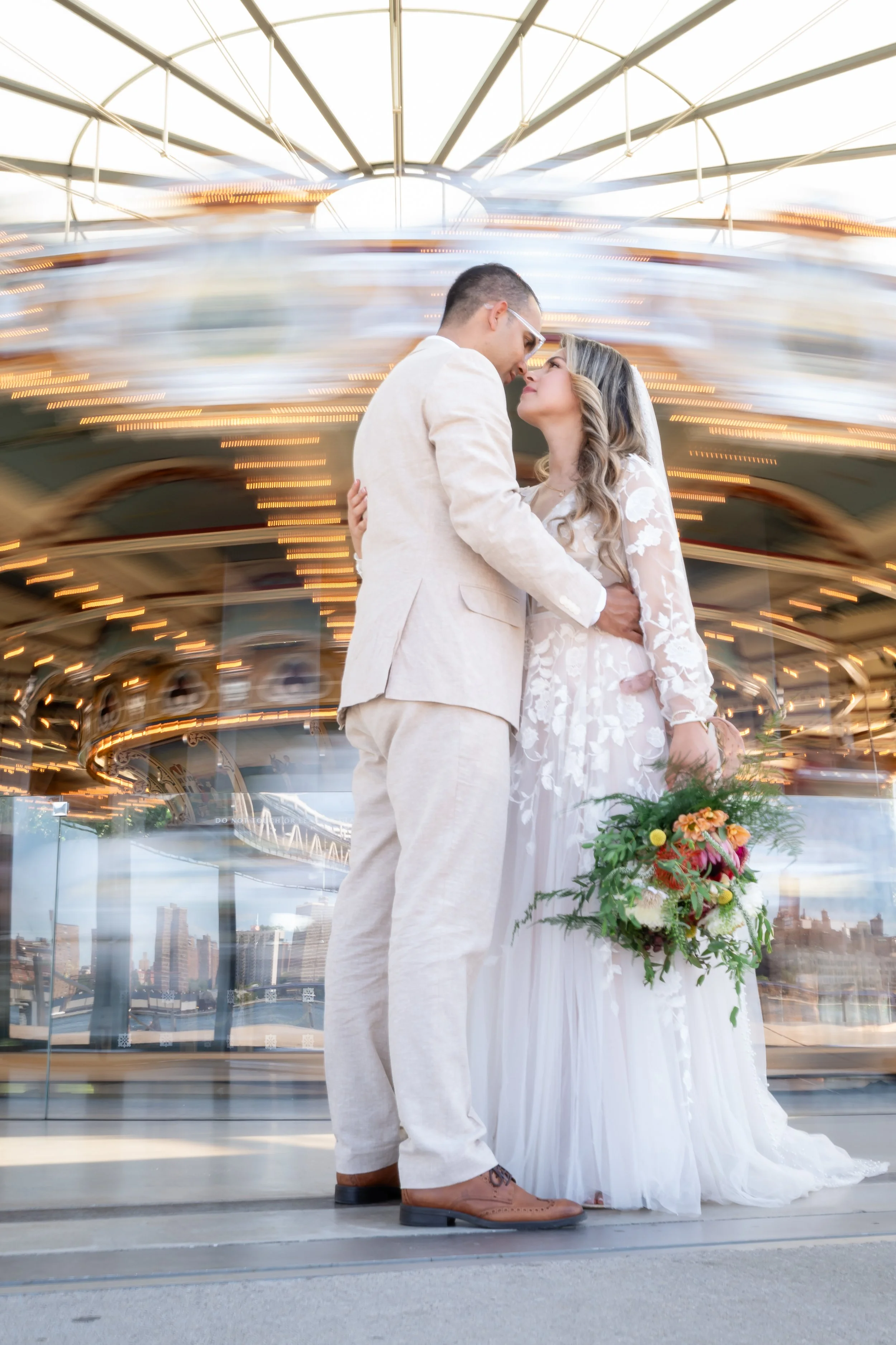 Bride & groom wedding portrait at Jane's Carousel, DUMBO, Brooklyn