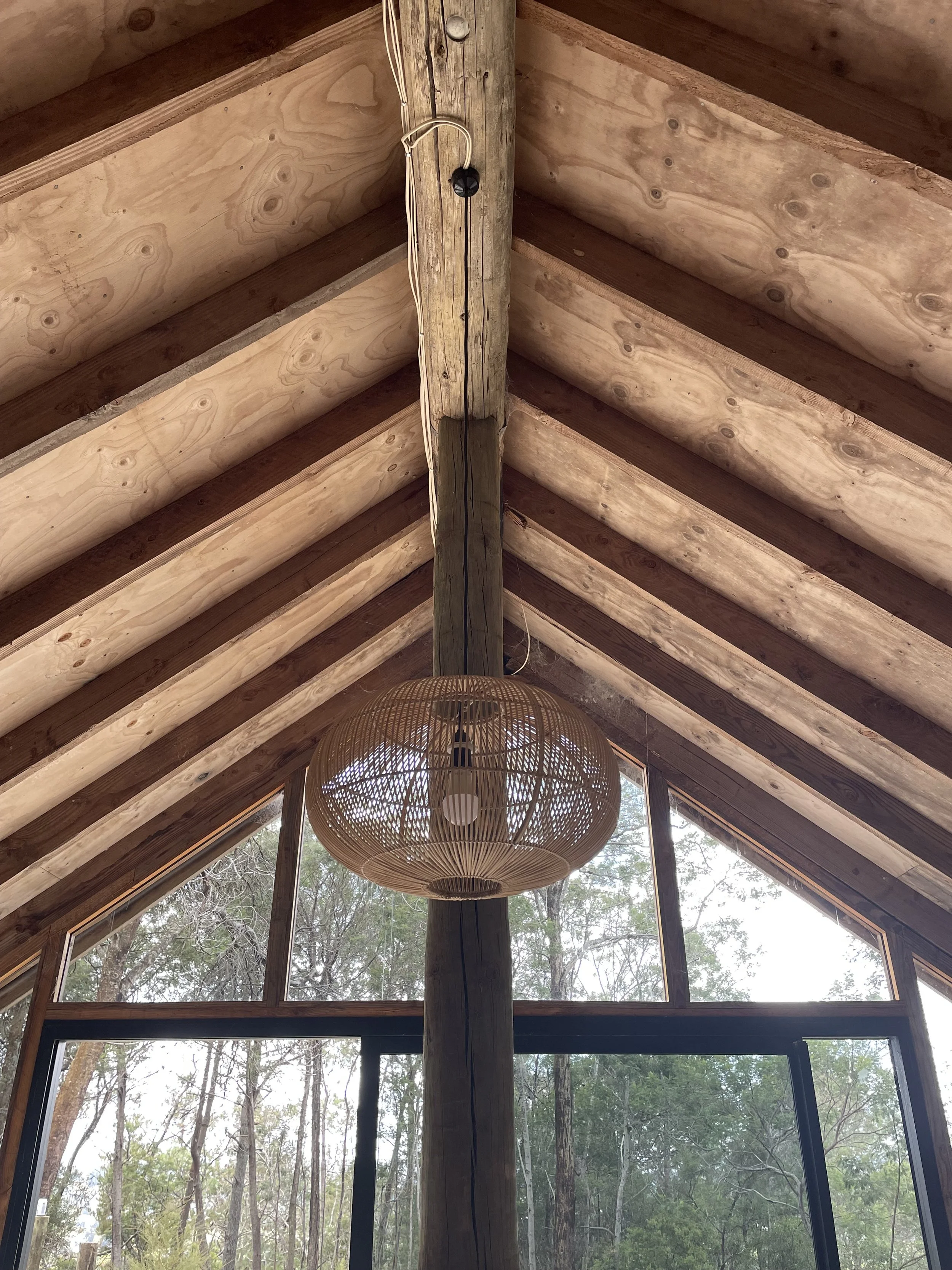 Interior view of a wooden ceiling with exposed beams, a string light hanging from a central pole, and large windows revealing trees outside.