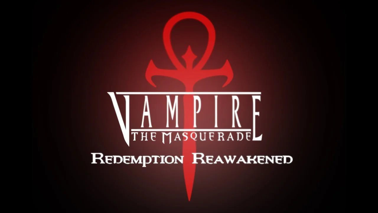 Logo for 'Vampire: The Masquerade - Redemption Reawakened' featuring a red vampire cross symbol and stylized text on a black background.