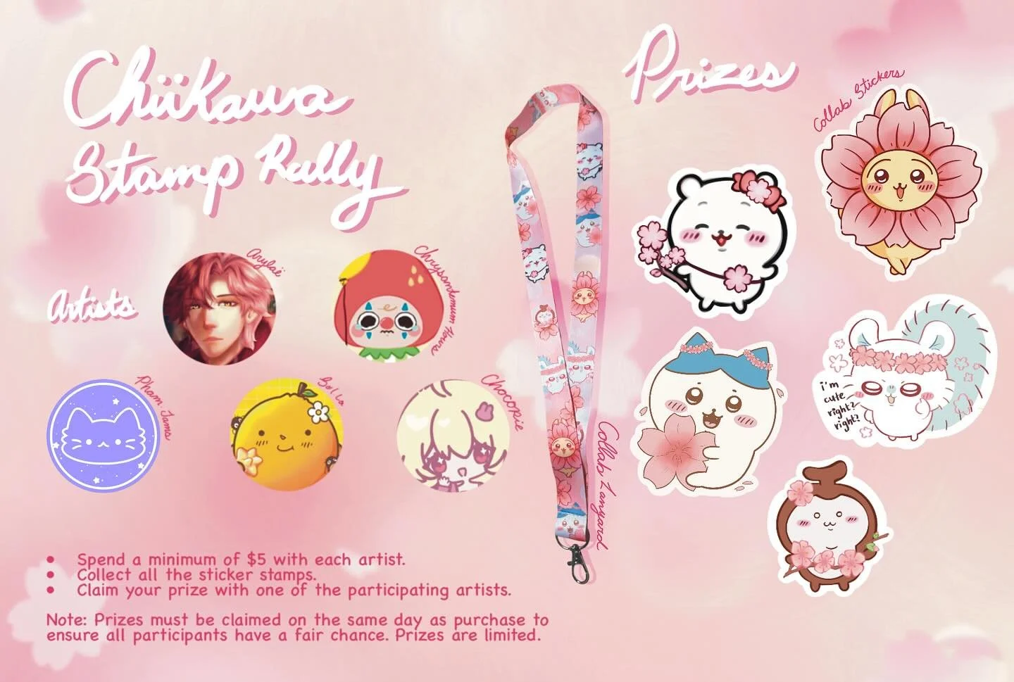 2 DAYS until Animethon!!!
I&rsquo;ll be hosting a Chiikawa Stamp Rally with four amazing artists:
@pham.jams @chrysanthemumhours @chocopie_979 @arylaee

How it works:
Spend a minimum of $5 per artist
Collect all four sticker stamps
Claim your prize w