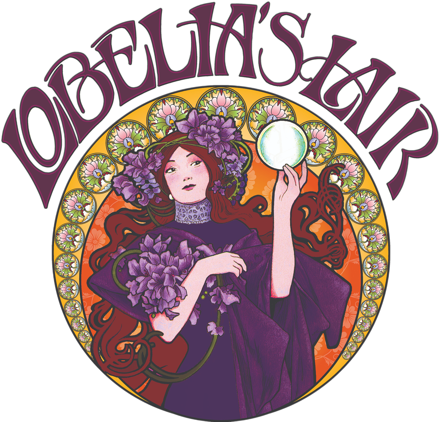 An illustration of a woman holding a crystal ball, surrounded by purple flowers, with the word 'Obscure' written in stylized font above her head.
