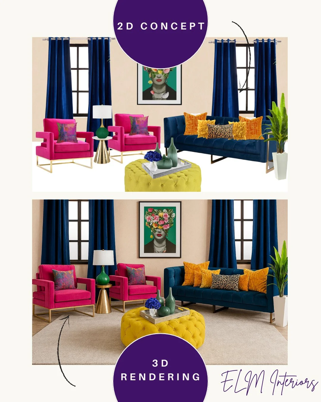 ✨️ELM INSPO✨️Color theory: mastered. 🎨✨This living room is a fearless fusion of jewel tones and luxe textures. From the hot pink chairs to the mustard tufted ottoman —Saturated jewel tones — fuchsia, saffron, sapphire — grounded by