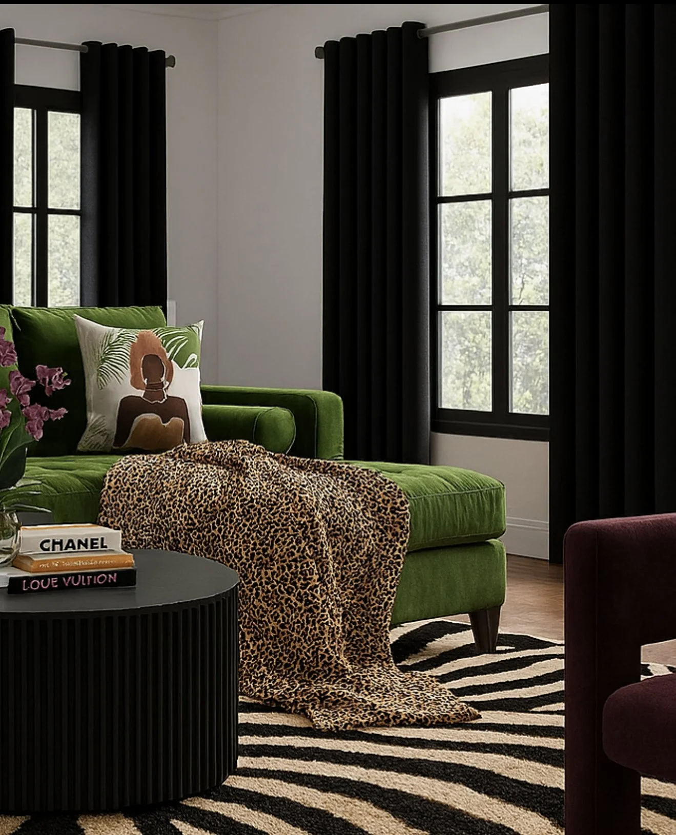 ✨️GET INTO THE DETAILS✨️ Our E-design shows a bold, stylish living room detailed with a striking green velvet sofa draped in a luxe leopard-print throw. A decorative pillow with an abstract silhouette art design adds personality, while a black round