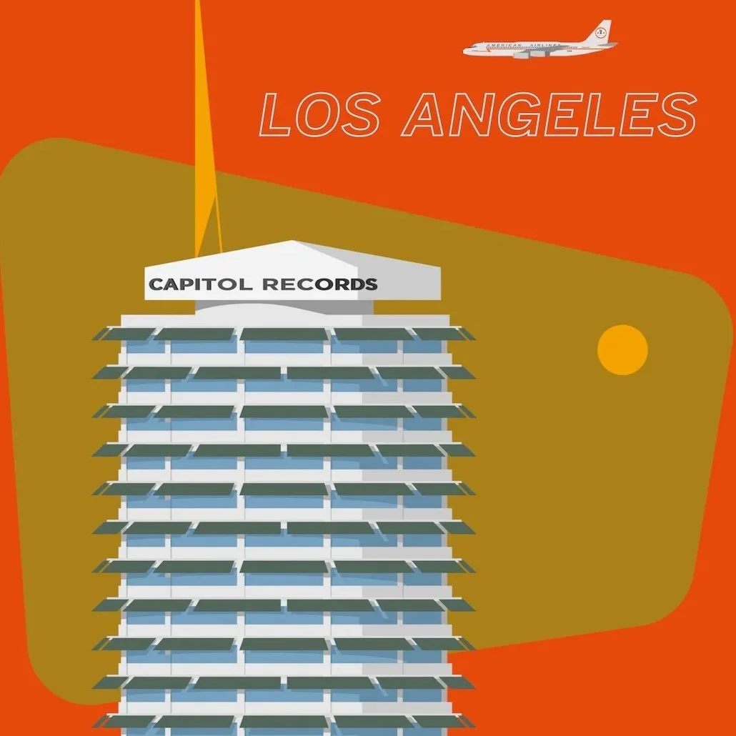 Vintage travel poster for Los Angeles featureing the Capitol Records building, an airplane flying, and a red sports car with two palm trees in the foreground against an orange and yellow background.