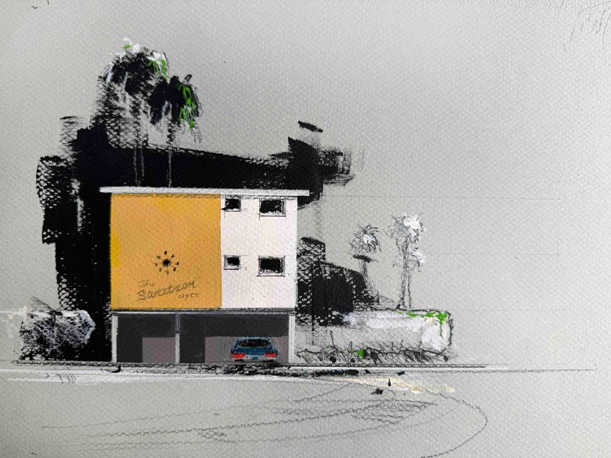 Sweetzer Apartments  | 12"x19"Mixed Media on Paper  |  Contact For Pricing