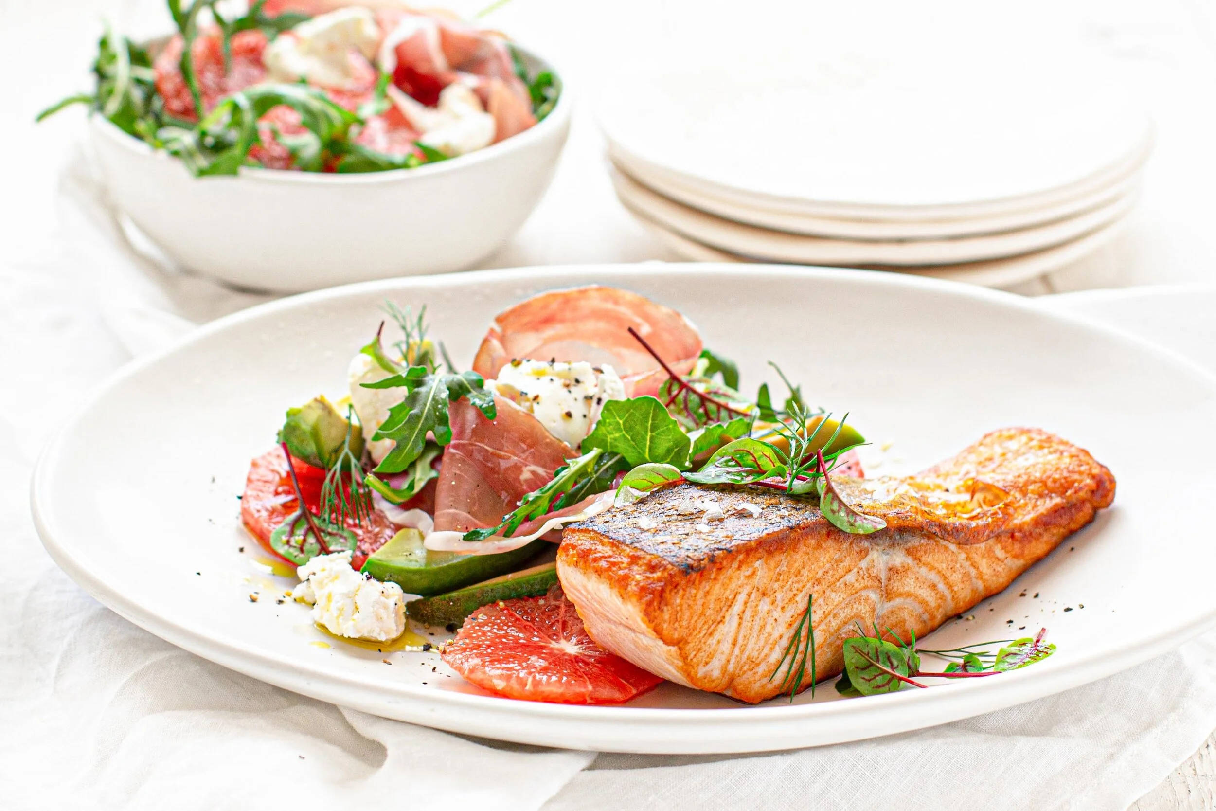 Crispy Skin Atlantic Salmon with Ruby Grapefruit, Prosciutto &amp; Persian Feta Salad