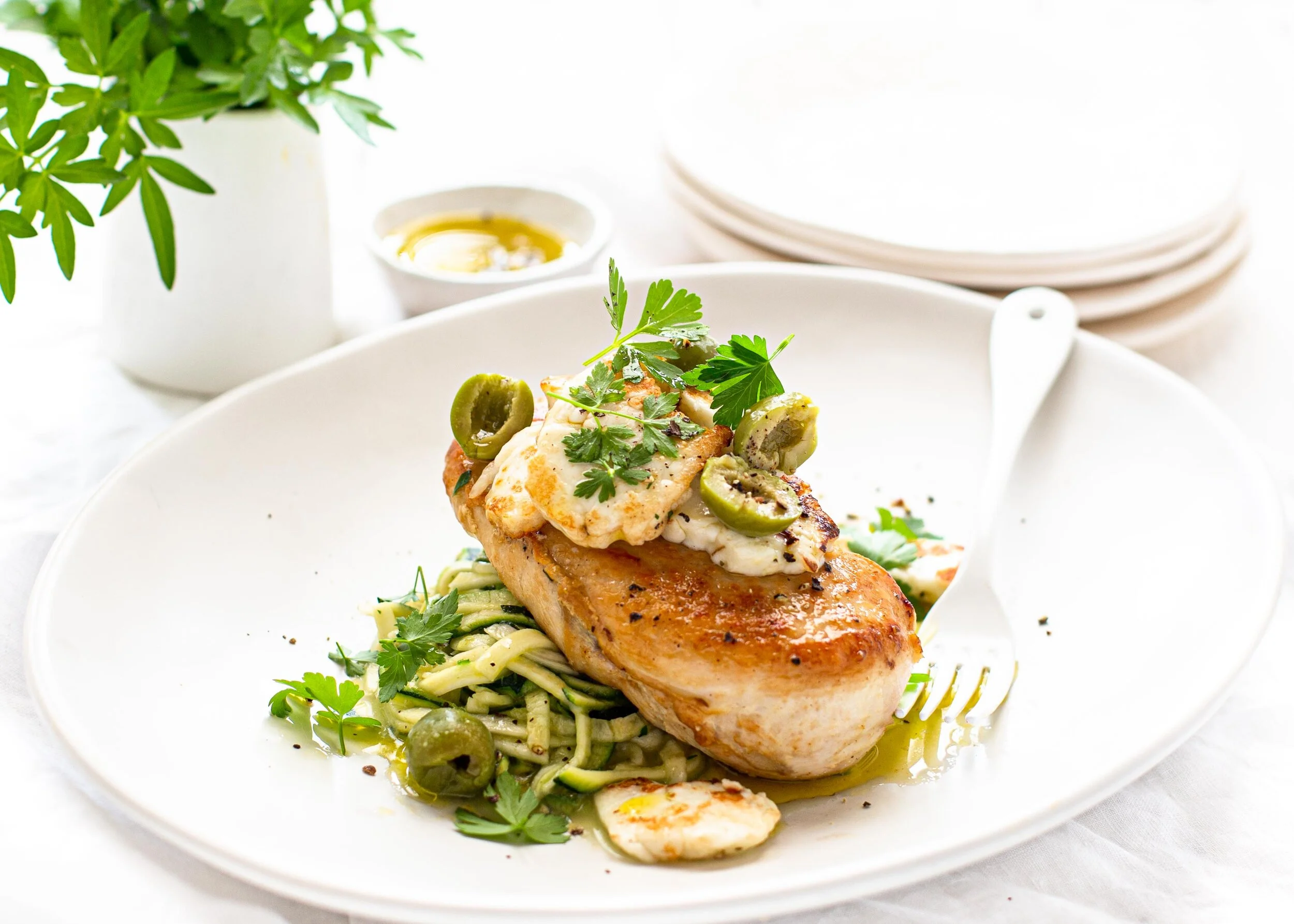 Chicken Breast, Garlic Zucchini Noodles &amp; Grilled Haloumi