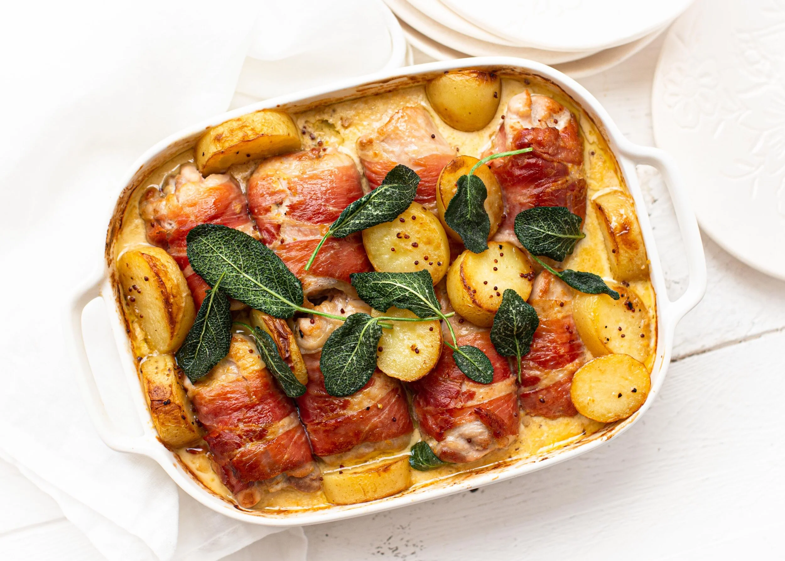 Baked Chicken Thighs with Prosciutto, Potato &amp; Wholegrain Mustard Sauce
