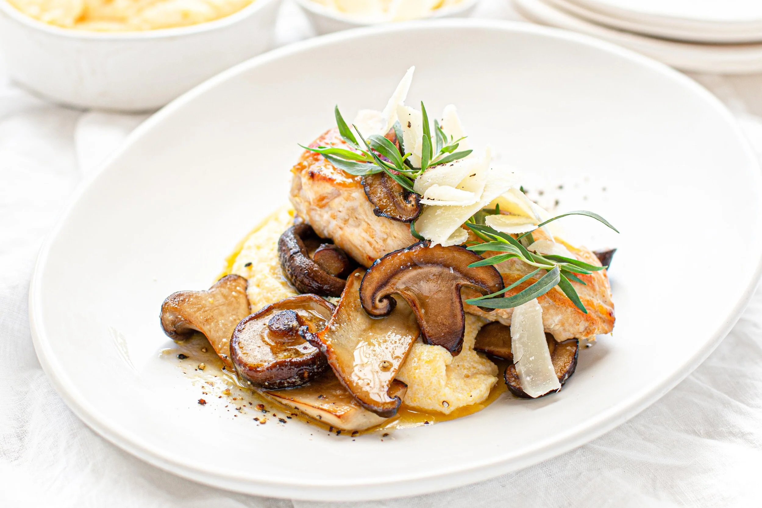 Panfried Chicken Breast with Soft Polenta &amp; Mushroom Ragu