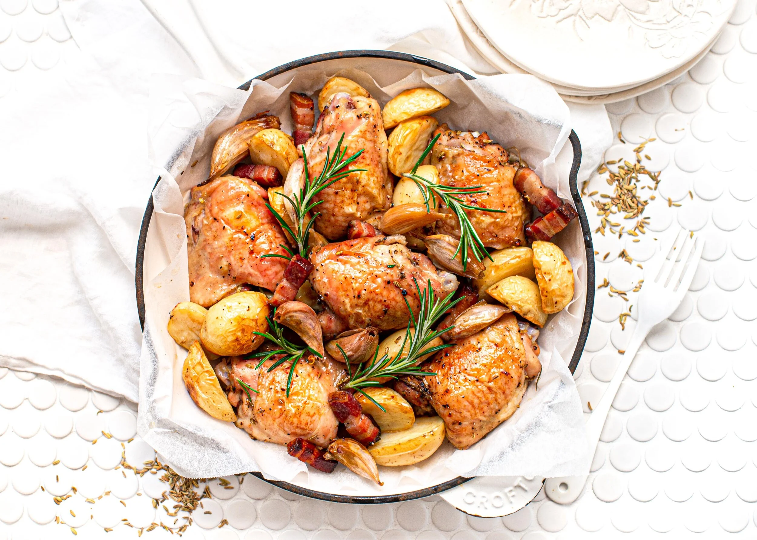 Roasted Chicken Chops with Pancetta, Baby Potatoes, Fennel &amp; Rosemary