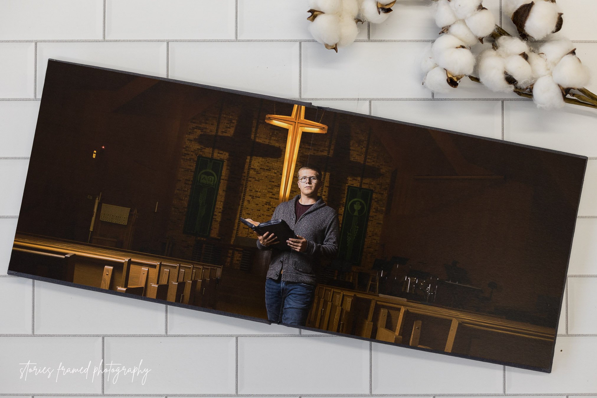 New Berlin West senior Aaron, full page album spread in a church, Wisconsin senior portrait album