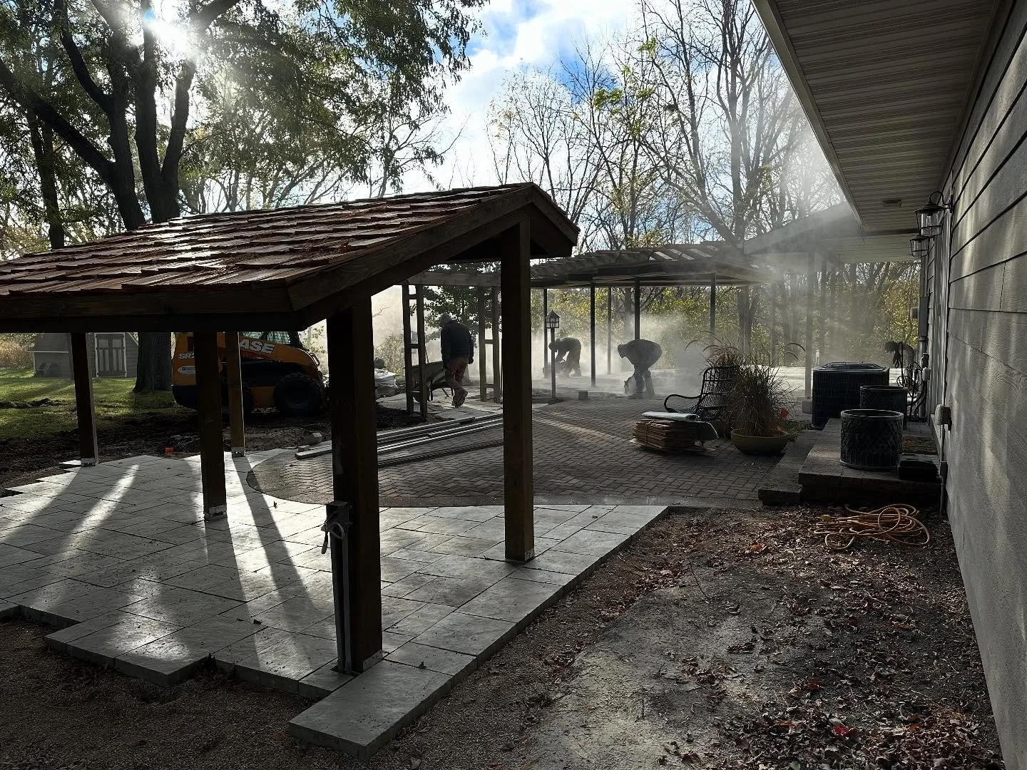 Making great progress on some chilly mornings. Flatwork nearly complete! Carpentry crew will be back soon to place custom privacy screens on the pergola, kitchenette and reading nook and install the charming garden gate!