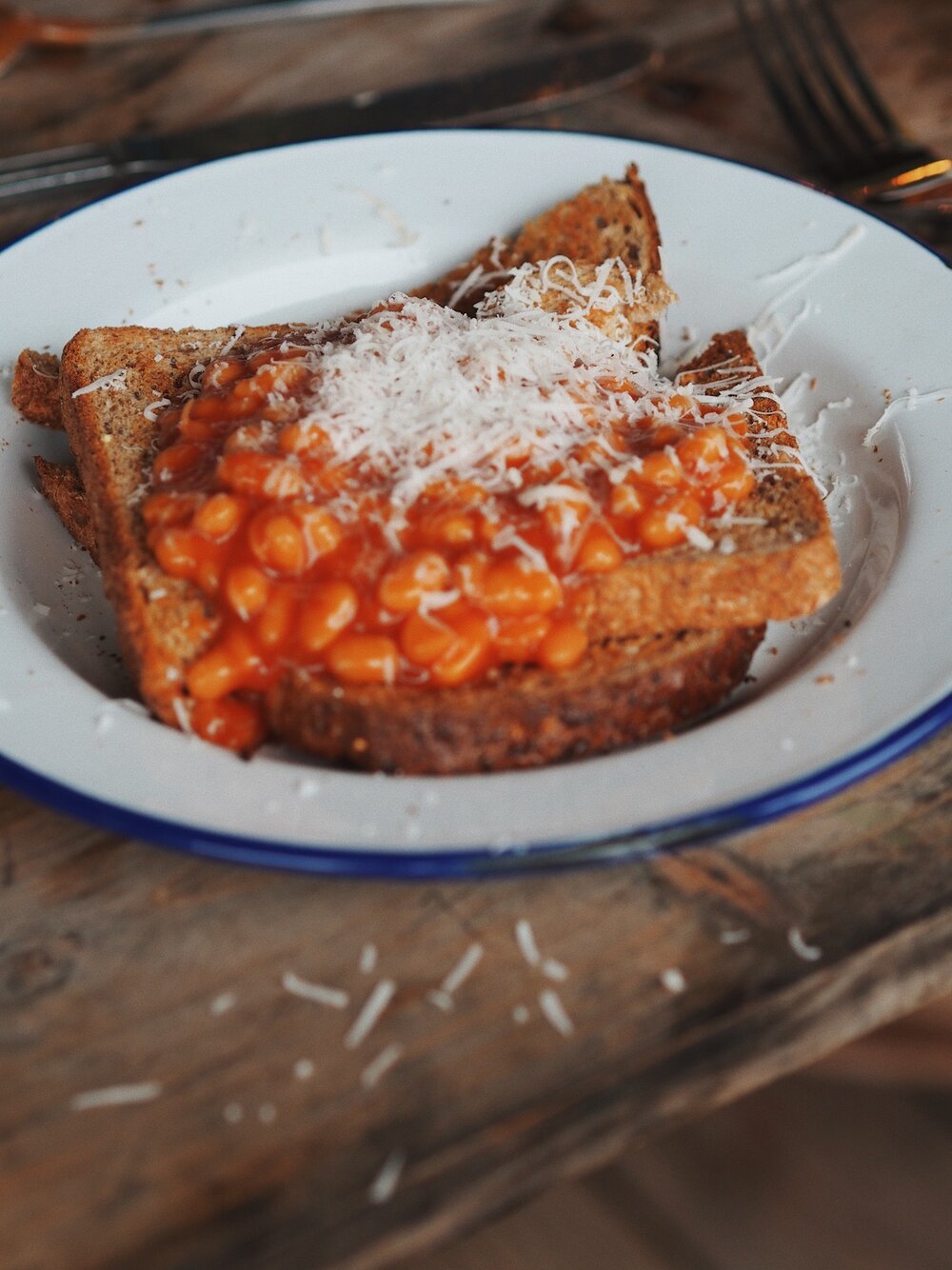  Beans on toast for breakfast at Fforest Farm 