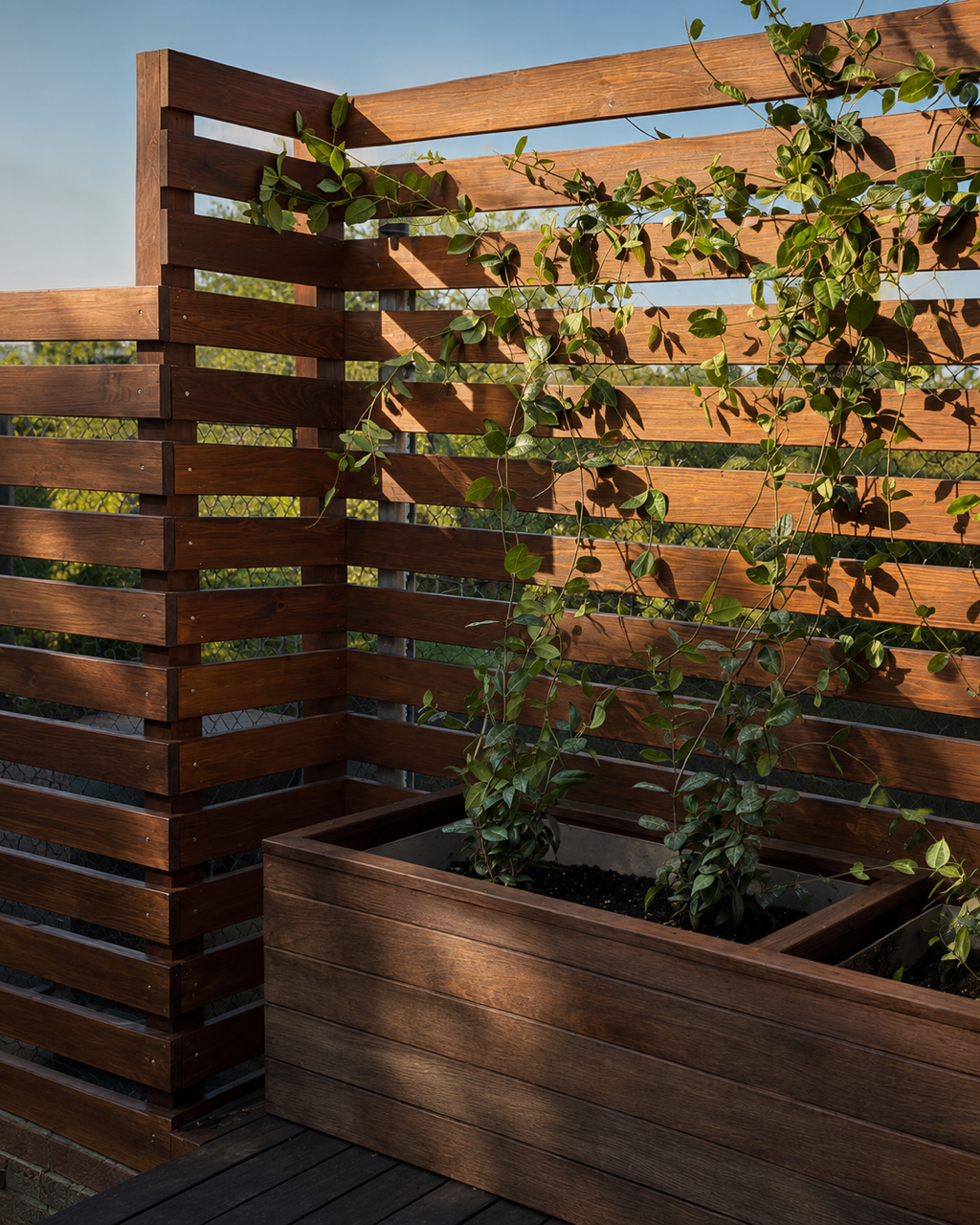 Terraza con un separador de madera de IPE, jardinera a medida y una planta trepadora