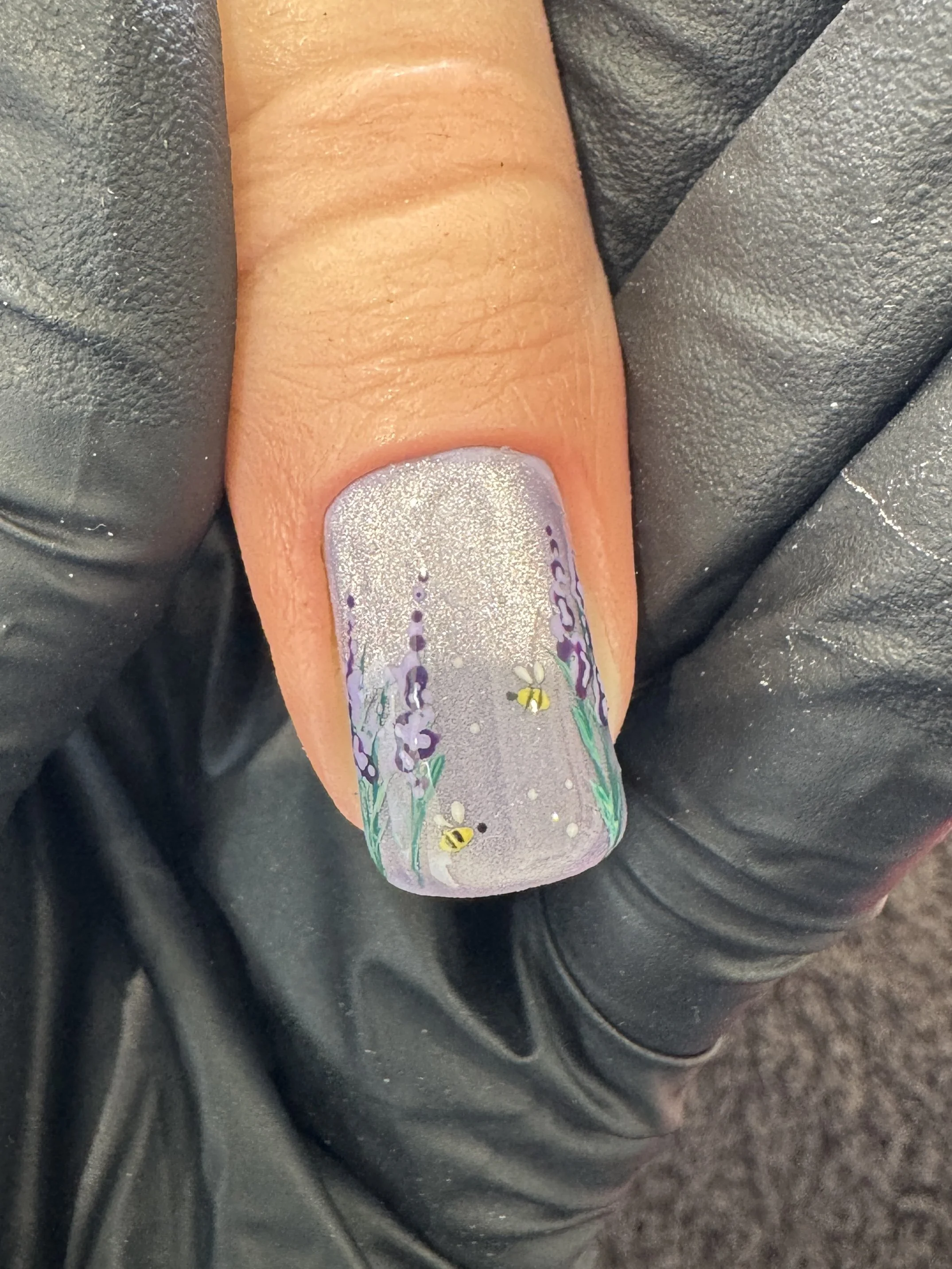 Lilac Cat Eye Nails with Hand-Painted Lavender and Bees - A Slice of Summer