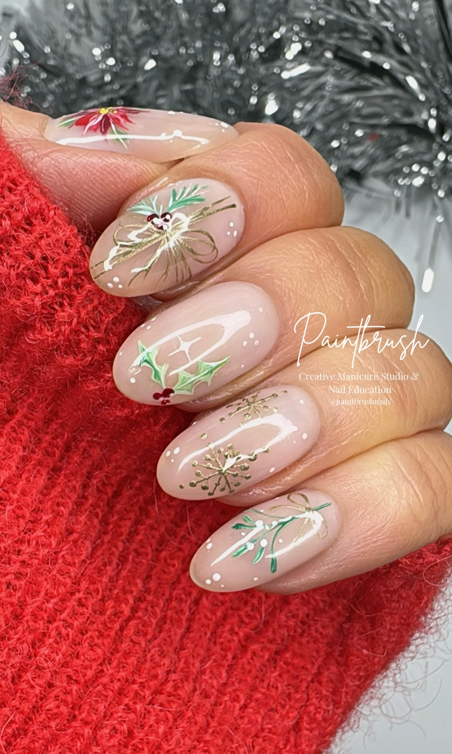 Subtle and Festive: Handpainted Christmas Nails with a Sheer Base