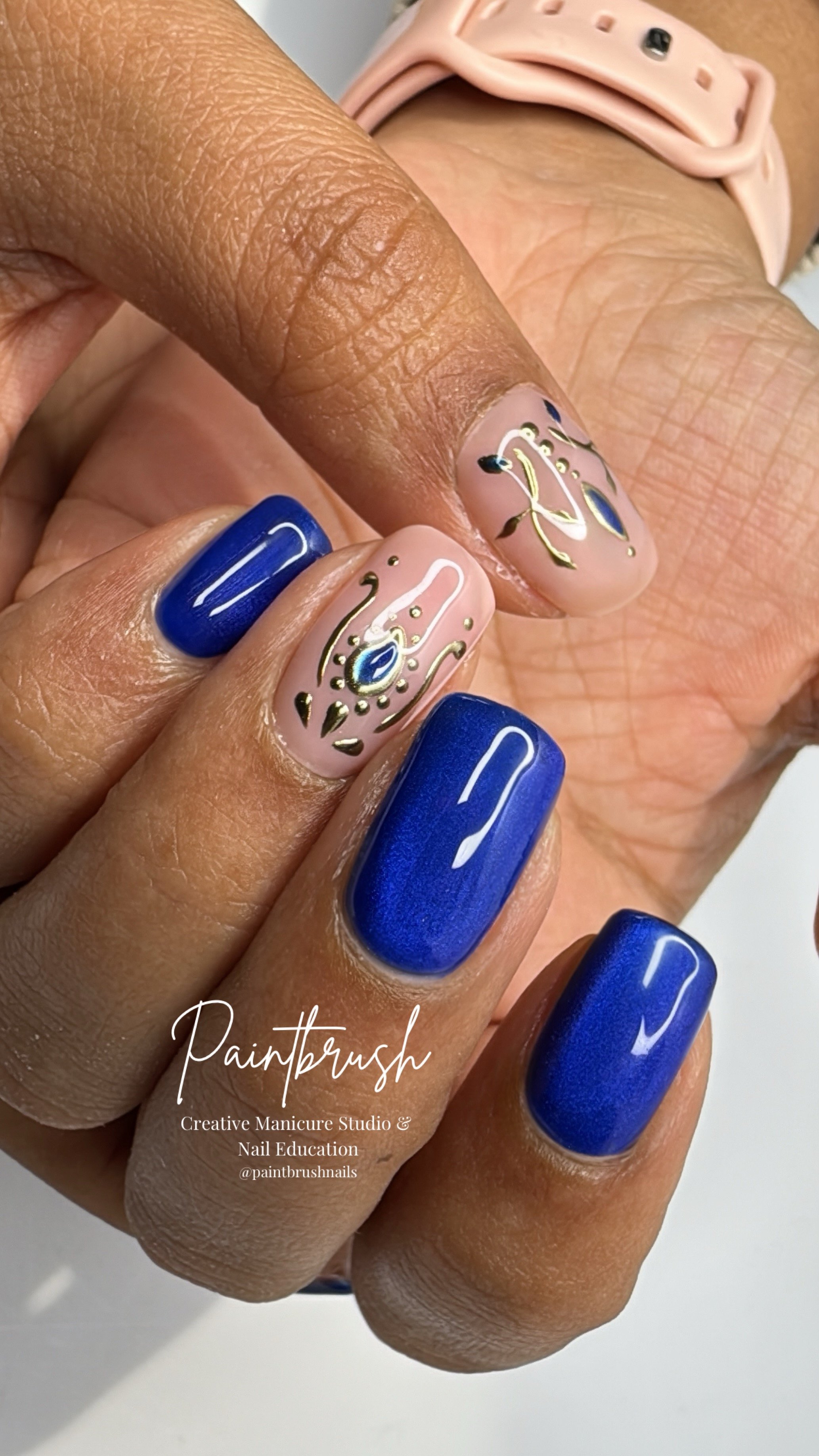 Royal Blue Wedding Guest Nails with Jewellery-Inspired Gold Details