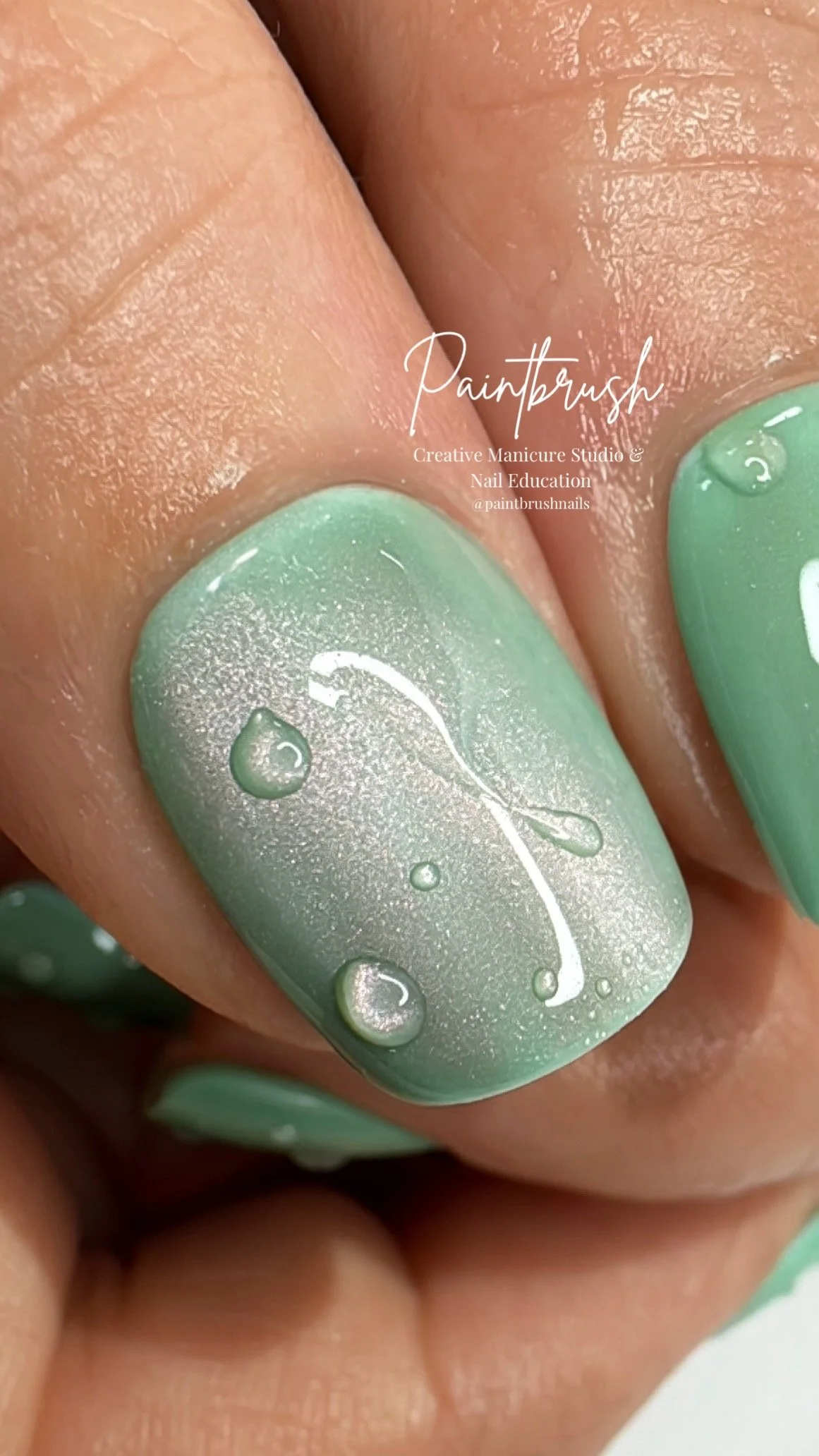 Green Mango Cat Eye Nails with 3D Water Droplets