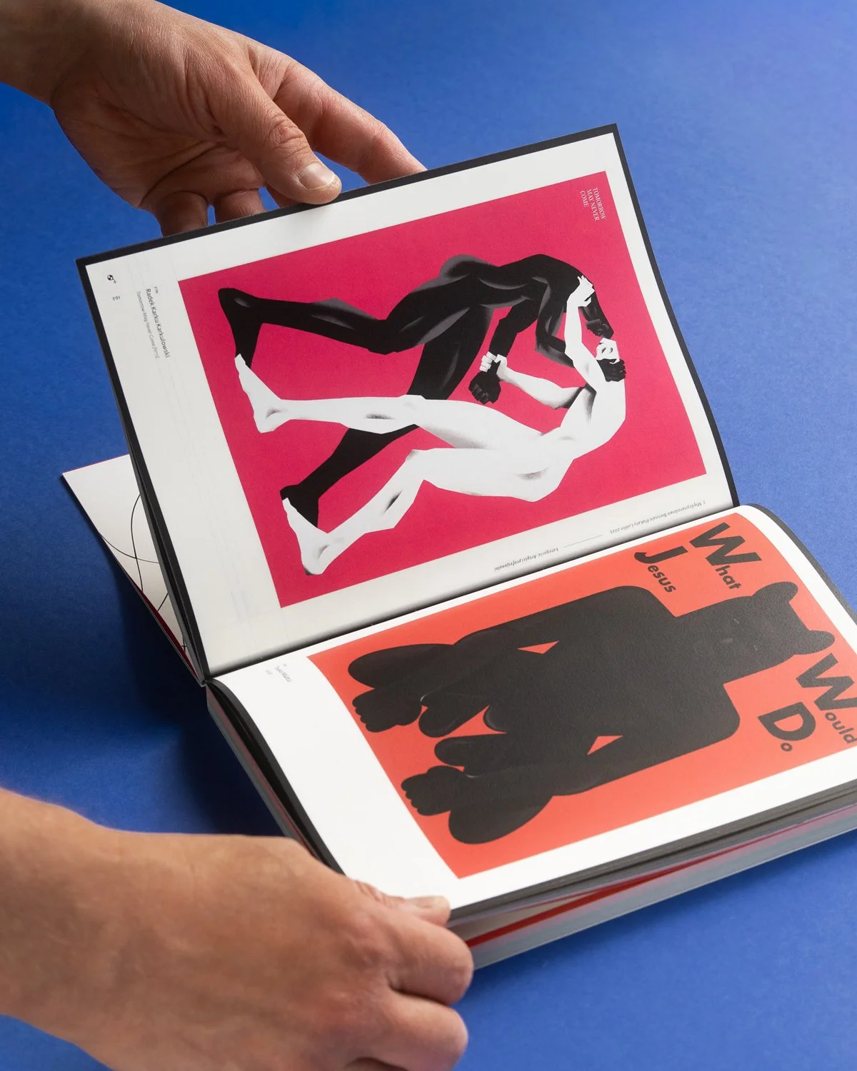 Open poster biennale catalogue featuring work by Radek Karkulowski on a blue background.