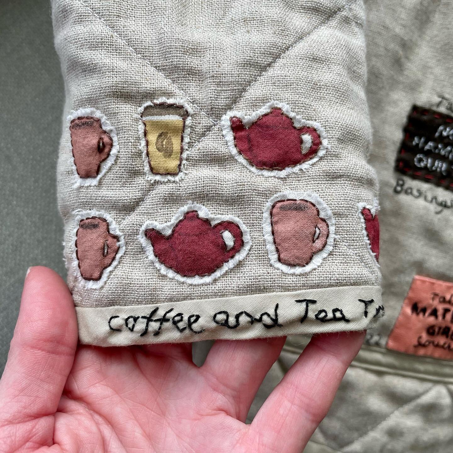 The coffee and tea tracker on my Yackety Jacket is coming along!  This is part of a project to document the experience of my jacket through its life, adding patches and embroidery to record the things I have done while wearing it. Being a bit of a te