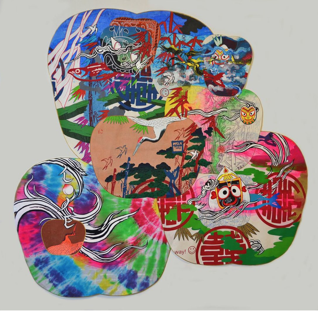  Jiha Moon,  Traveler , 2013, Ink and acrylic, screen print, tie-dye fabric ​ on Hanji, 48 x 50 1/2 inches​ 