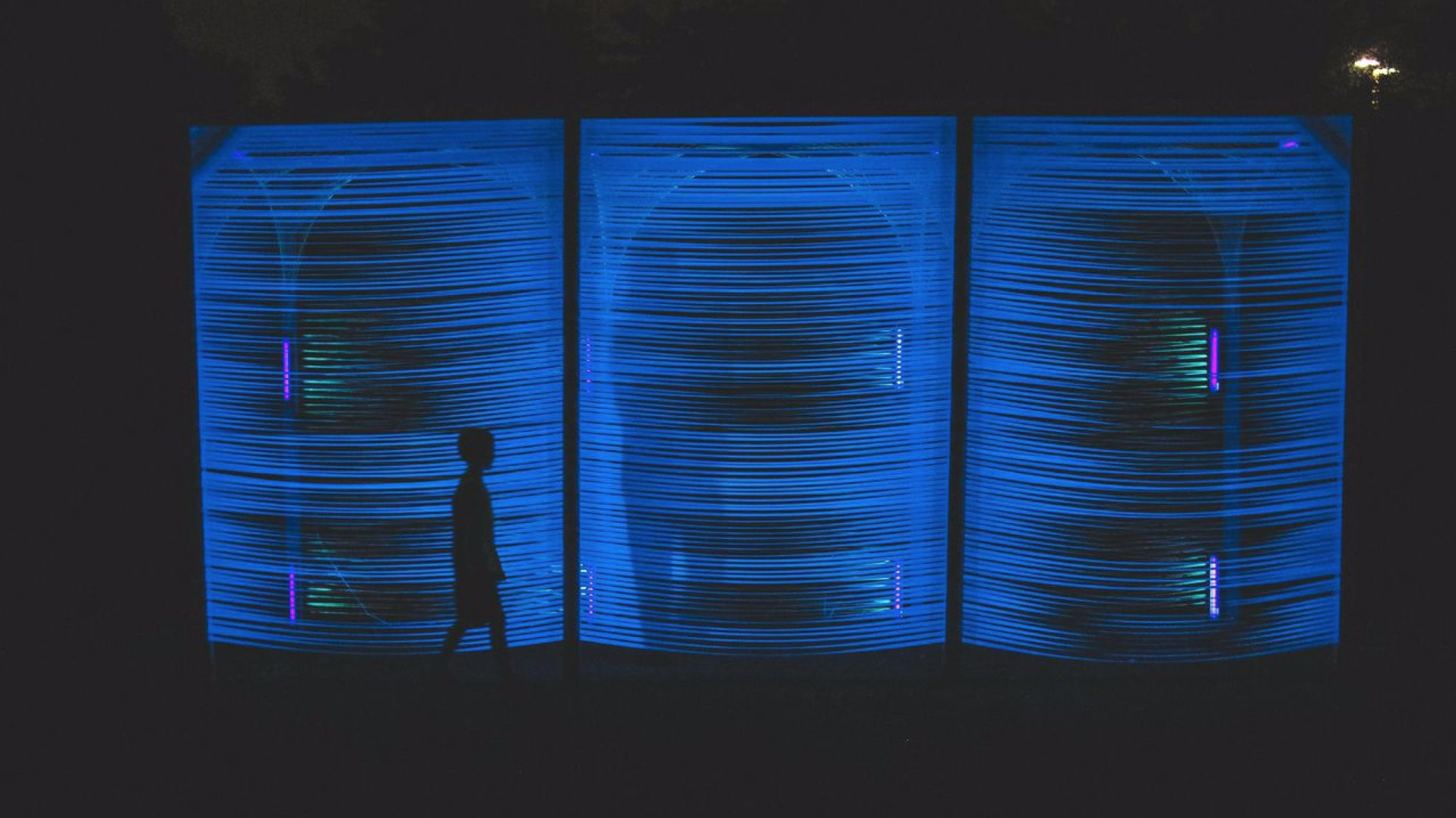  Megan Mosholder,  Terminus , 2014. Light, ribbon, string, video​ 