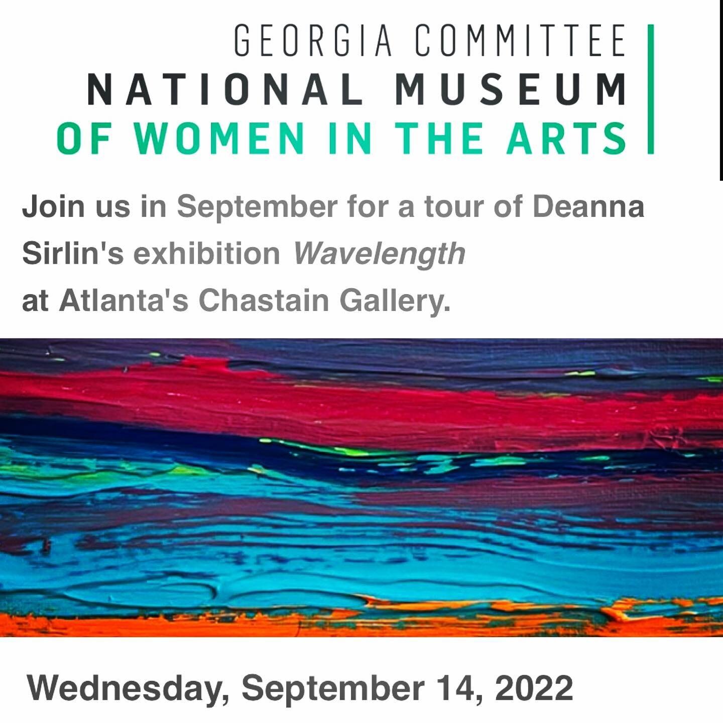 Our September program features Deanna Sirlin&rsquo;s exhibition &ldquo;Wavelength&rdquo; at Chastain Art Center.

This is a beautiful show that we are pleased to be able to offer our members. If you&rsquo;re not a member and would like to join us; he
