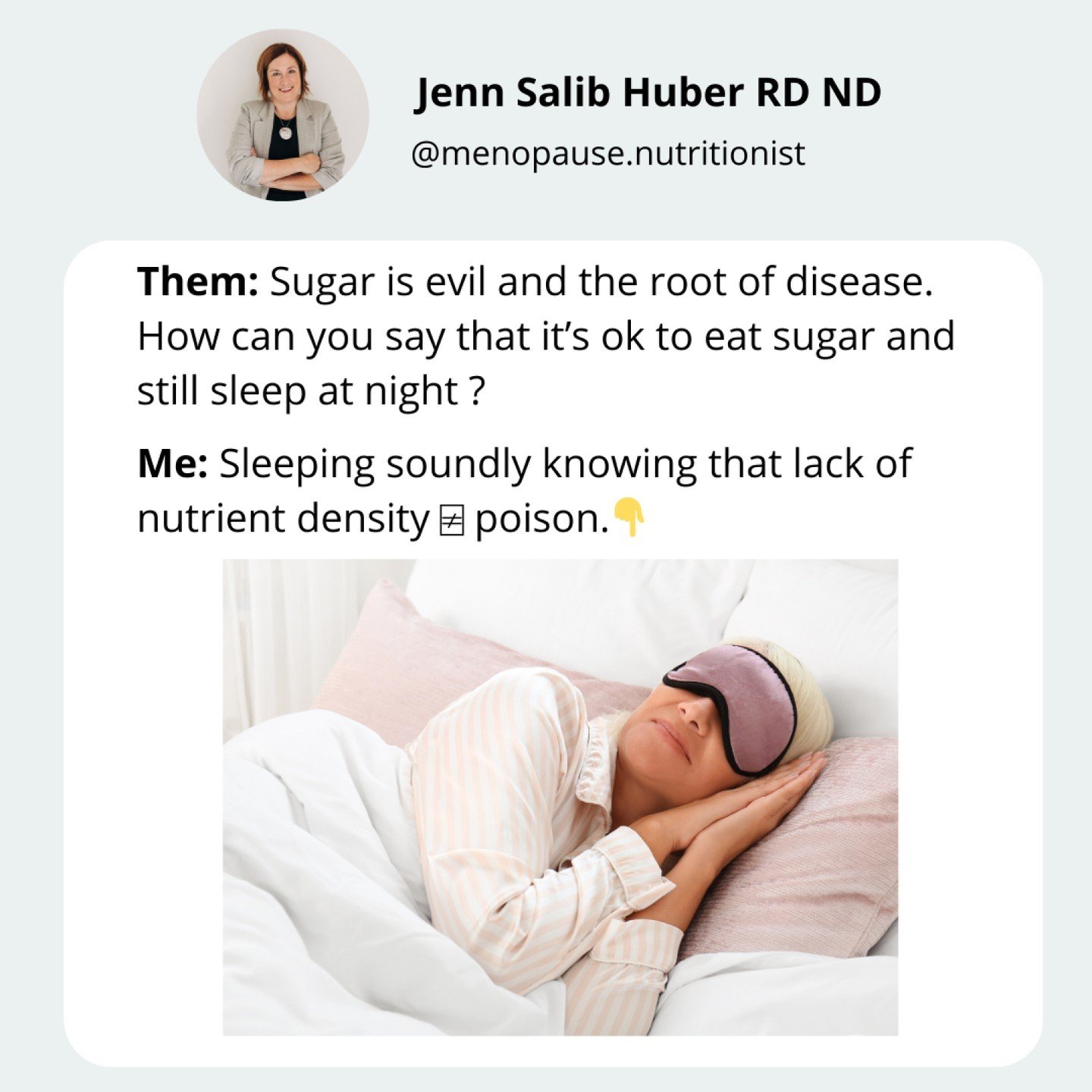 Dreaming of balance, not perfection 💤

The keyboard warriors are out again and they're coming for sugar (and me apparently) this week. 😂

There's a big difference between the risks associated with patterns of eating that lack nutrient density vs ea
