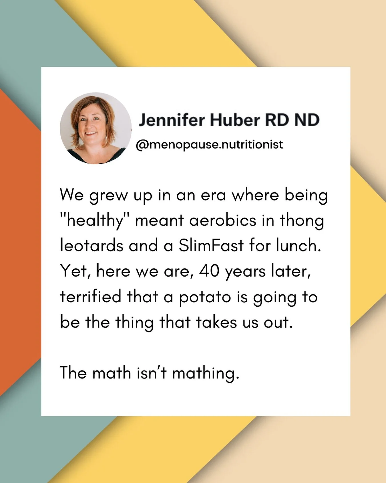 It&rsquo;s time for the potato police to retire. 🤣

I recently got  a message from a reader of my book, Eat to Thrive During Menopause, to thank me for helping her un-diet the potato police. 

She said the biggest weight off her shoulders was readin