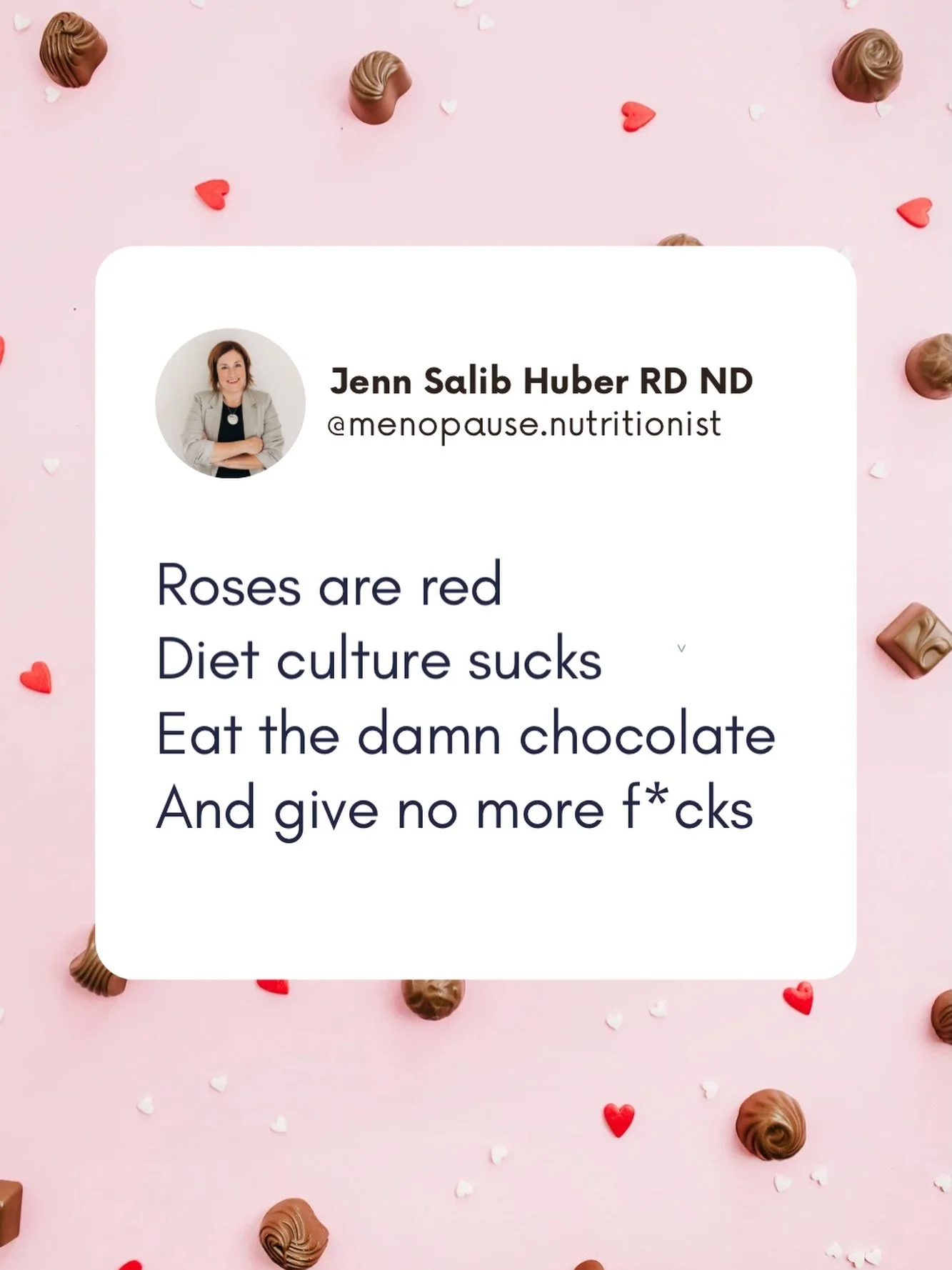 Happy Galentine&rsquo;s Day, friends!

A journalist once reached out asking for my opinion on the &ldquo;best&rdquo; chocolate for women in menopause on Valentine&rsquo;s Day.

I replied with &ldquo;whatever kind they like best&rdquo;. I never heard 