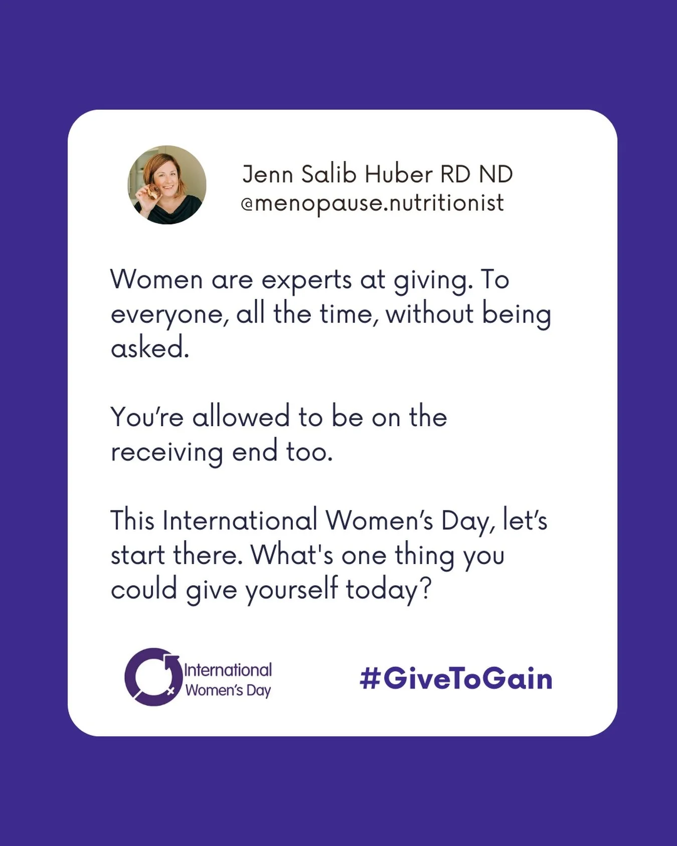 Today is International Women&rsquo;s Day, and the theme this year is Give to Gain.

Women are experts at giving. To everyone, all the time, without being asked. And there is so much beauty and strength in that! 💜

But let&rsquo;s all remember that w